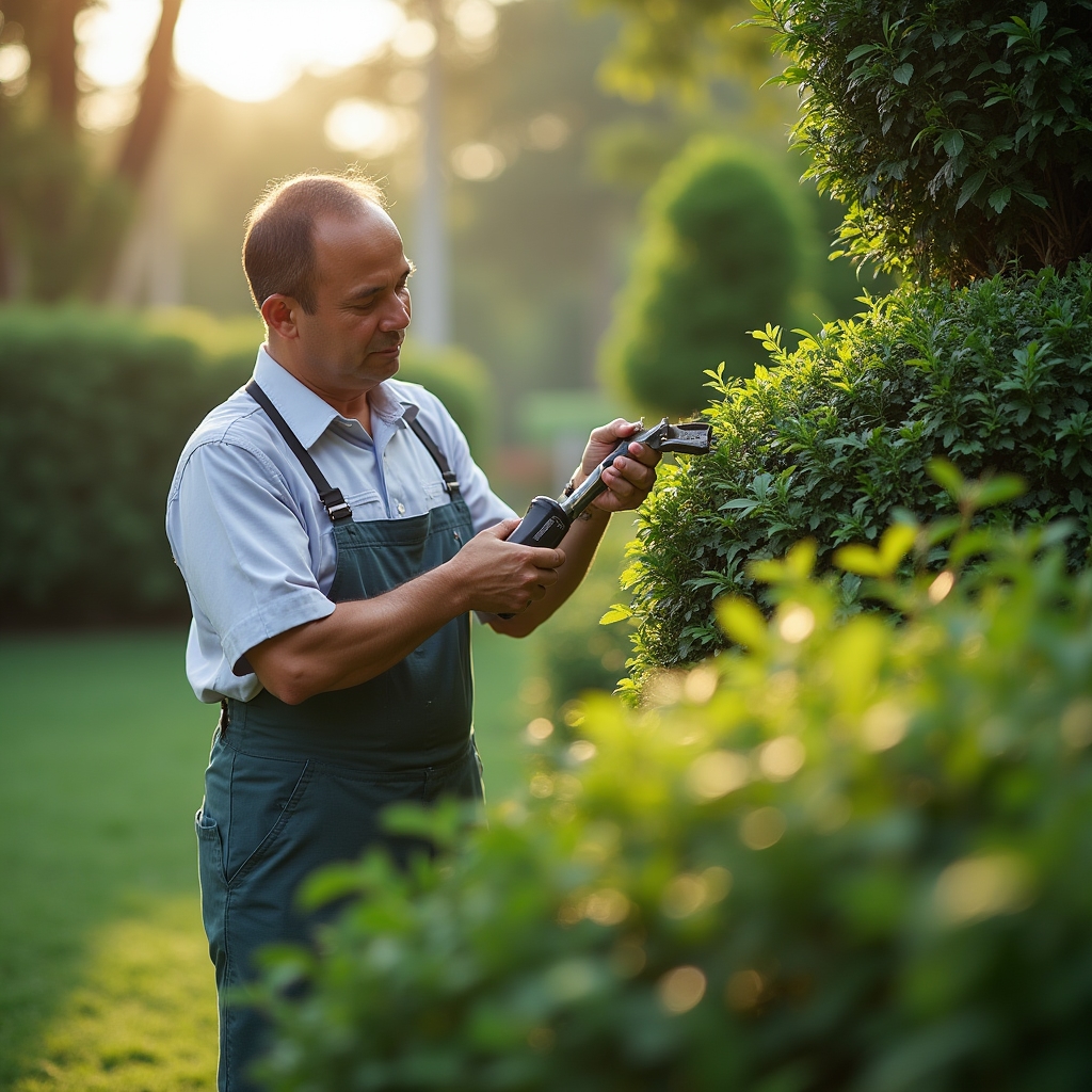 Professional maintenance specialist working in a high-end garden
