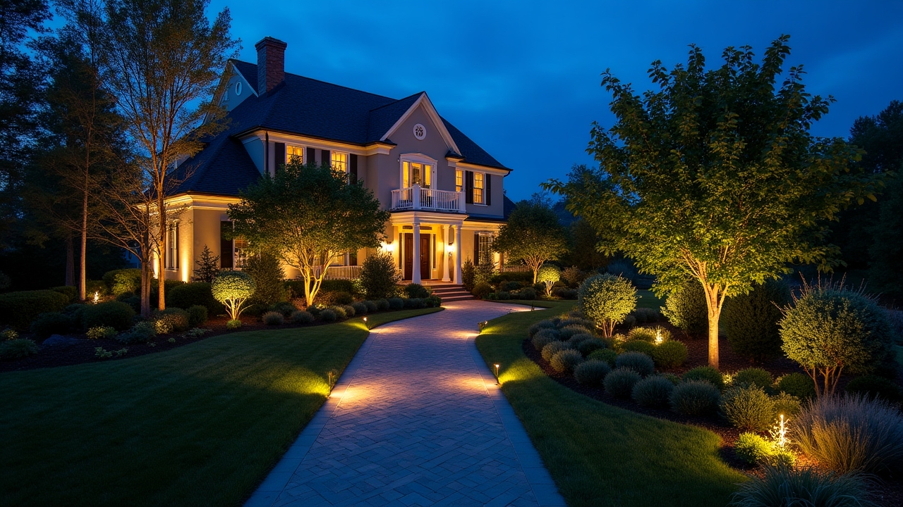 Professional landscape lighting design highlighting architectural elements and plants