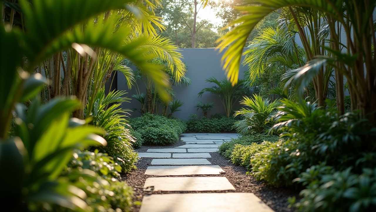 Luxury residential garden with tropical plants and modern hardscaping elements