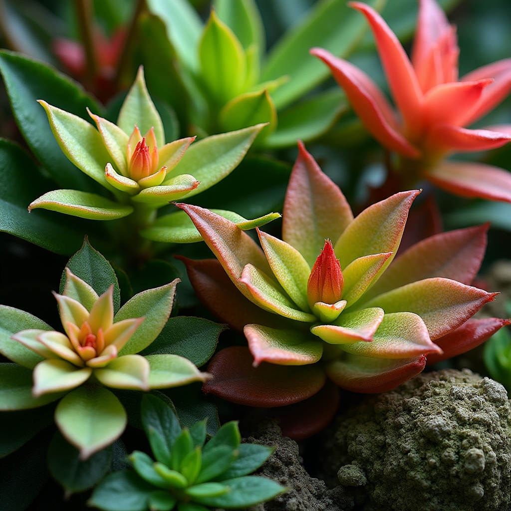Close-up of diverse tropical plants used in sustainable Malaysian landscape design
